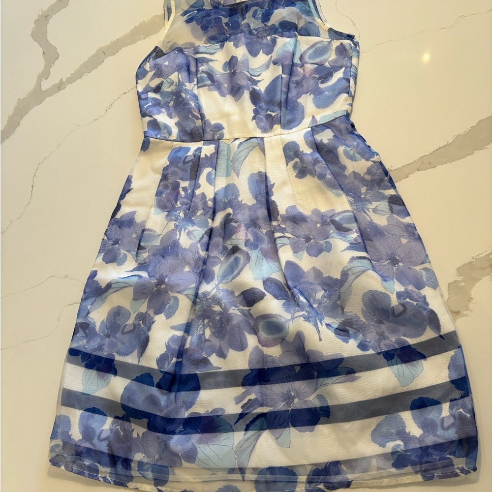 Taylor Vibrant Blue and White Floral Dress with Organza Overlay